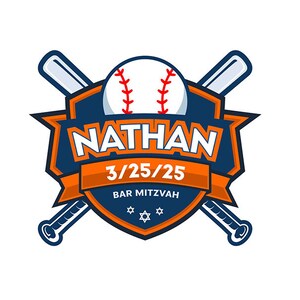 May include: A baseball-themed logo with a white baseball, red stitching, and crossed bats. The design includes the name "NATHAN", date "3/25/25", and "BAR MITZVAH" text, all in a shield shape with orange and blue accents.