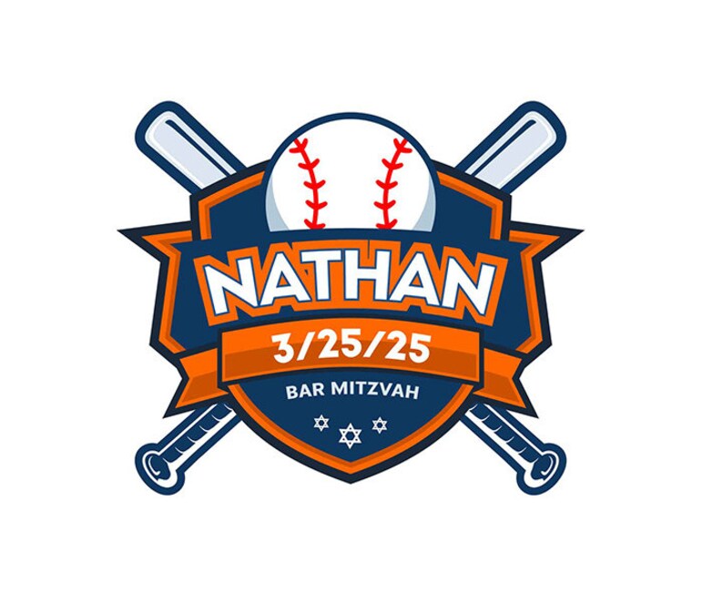 May include: A baseball-themed logo with a white baseball, red stitching, and crossed bats. The design includes the name "NATHAN", date "3/25/25", and "BAR MITZVAH" text, all in a shield shape with orange and blue accents.