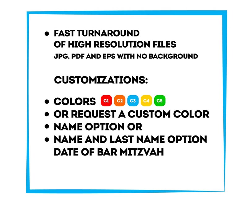 May include: A white background with a blue border contains text about customizations. The text includes options for colors, custom colors, name options, and a date for a Bar Mitzvah. The image also mentions fast turnaround of high-resolution files.