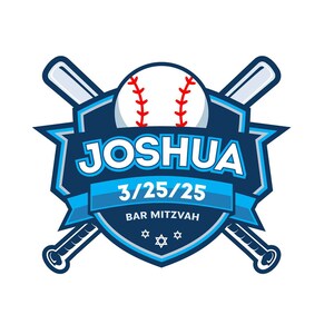 May include: A blue and white baseball-themed logo with the name "JOSHUA" in white, a baseball, crossed bats, and the date "3/25/25". The words "BAR MITZVAH" are also included, along with two Star of David symbols.
