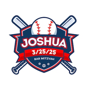 May include: A baseball-themed logo with the name "Joshua" in white, a date, and "Bar Mitzvah." The design features a baseball, crossed bats, and a shield shape in red, white, and blue.