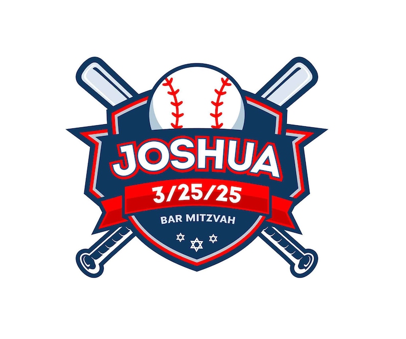 May include: A baseball-themed logo with the name "Joshua" in white, a date, and "Bar Mitzvah." The design features a baseball, crossed bats, and a shield shape in red, white, and blue.