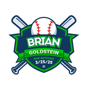 May include: A baseball-themed logo with a white baseball, red stitching, and crossed bats. The design features the name "BRIAN GOLDSTEIN" in white, with "BAR MITZVAH" and the date "3/25/25" in green and white. A Star of David is at the bottom.