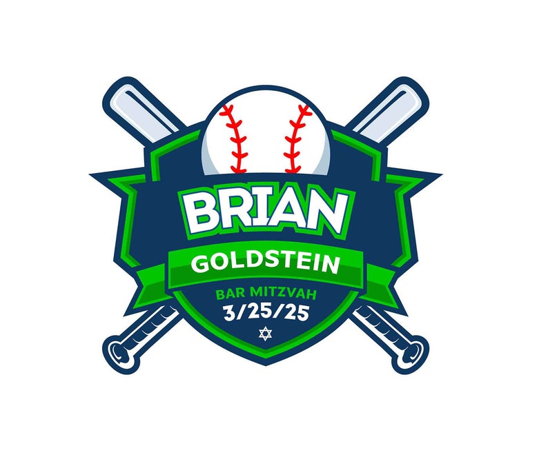 May include: A baseball-themed logo with a white baseball, red stitching, and crossed bats. The design features the name "BRIAN GOLDSTEIN" in white, with "BAR MITZVAH" and the date "3/25/25" in green and white. A Star of David is at the bottom.