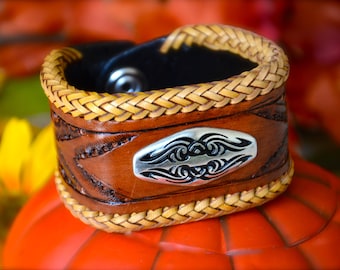 Men's Hand Braided Leather Cuff: Acorn Brown Tribal Concho Bracelet