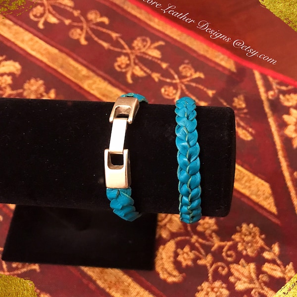 Turquoise leather bracelet.  Braided turquoise leather bracelet. Kangaroo bracelet. Elegant braided bracelet. Stackable bracelet.