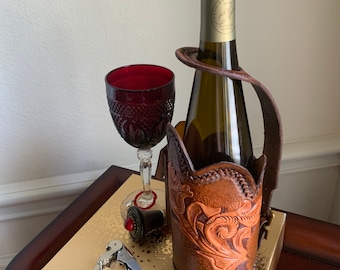 Handmade Tooled Leather Wine Tote: Personalized Gift for Wine Lovers