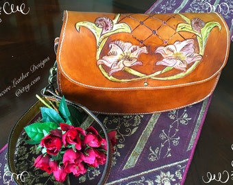 Handmade Tooled Leather Crossbody Bag: Floral Hand-Painted Purse