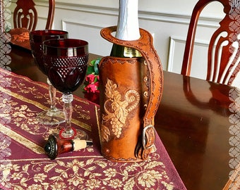 Wine Tote. Wine carrier.  Leather wine server.  Tooled leather wine tote. Gift for wine lovers.  Wedding Gift.  Personalized Gift.
