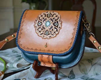 Leather Handbag.  Navy and tan handbag. Handmade purse. Tooled leather purse. Cross body bag. Hand tooled leather purse. Gift for her.