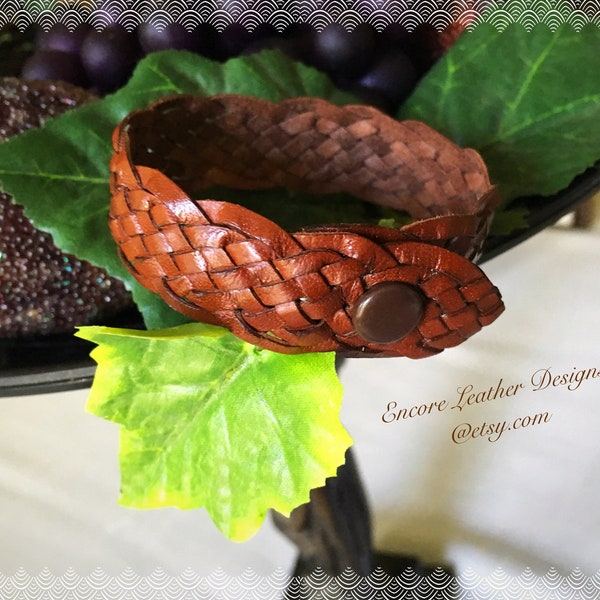 Chestnut leather bracelet. Stackable bracelets. Braided bracelets.  Kangaroo lace bracelet.  Woven bracelet.  Leather bracelet. Gift idea.