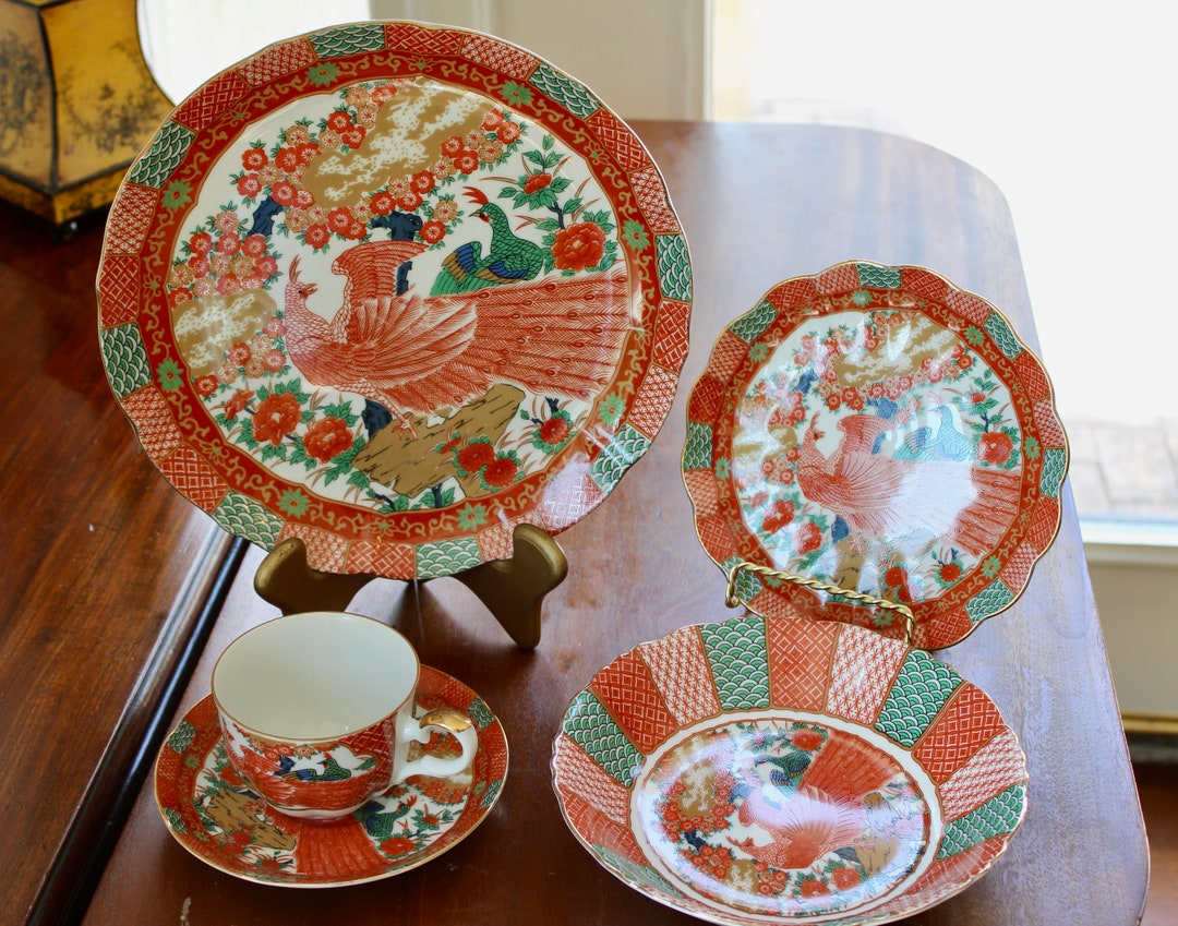 Arita Imari Peacock Dishes Japan Reproduction Scalloped Edges Etsy
