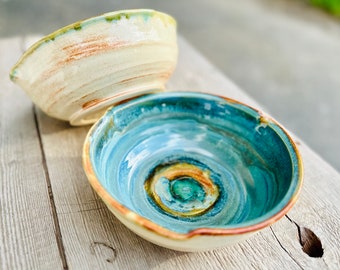 Pair of Shallow Wave lip Bowls • 8x3” glazed in Bone, Turquoise & Shino Orange • Ready to Ship