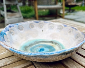 Textured Daisy Shallow Bowl • 9x3” glazed in soft honey cream and blue • Ready to Ship