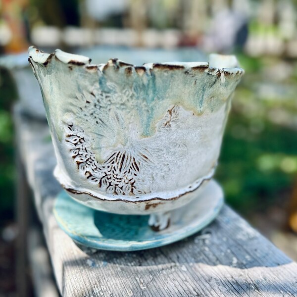 Aquamarine Large Footed Planter Set w/ drainage hole & plate • Stamped Rustic Detail • Ready to Ship