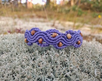 Purple Macrame Bracelet: Boho Waxed Cord with Brown Bone Beads, Charm Bracelet, Christmas Gift