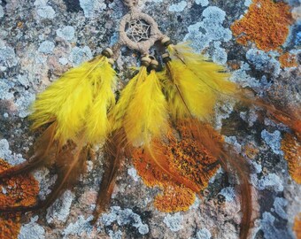 Mini Dream Catcher: Yellow Feather Boho Car Mirror Talisman