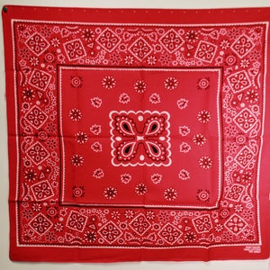May include: A red bandana with a white and black paisley design. The square bandana features a central square with a floral pattern, surrounded by a border of repeating floral and geometric shapes. The bandana is made of a soft fabric.