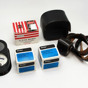 Vintage Photography Camera Equipment: Weston Junior Foot Candle Meter Vivitar Leica Lenes, Canon & Small Pouch with a Strap Slide Mounts