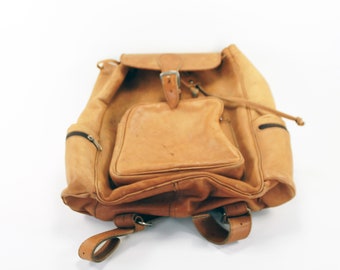 Vintage Tan Leather Backpack with 1 Large Pocket and 3 Smaller Pockets