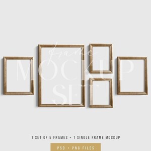 May include: Set of five gold picture frames with a single gold frame mockup. The frames are arranged in a staggered pattern on a white background.  1 SET OF 5 FRAMES + 1 SINGLE FRAME MOCKUP PSD + PNG FILES