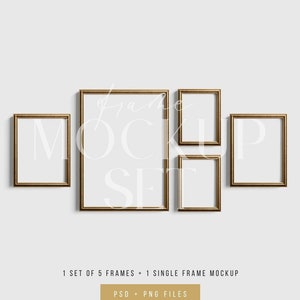 Vintage Gold Metallic Frame Mockup Set of 5 Vertical Frames | Gallery Wall Mockup | PSD Template + Transparent PNG Files | 19