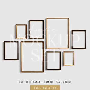 May include: A set of eight frames in various sizes, with a mix of black and gold frames. The frames are arranged in a staggered pattern on a white background. The text "Frame Mockup Set" is written in white on the image.