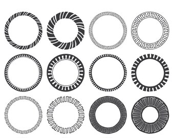 32 Hand Drawn Circle Frames, Tribal Geometric Borders (Digital Frames Clipart)