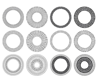 32 Hand Drawn Circle Frames, Tribal Geometric Borders (Digital Frames Clipart)