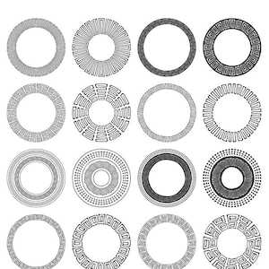 手描きの装飾的な丸いフレーム、円形の境界線 32 個: 部族、ボヘミアン、幾何学、抽象的な落書き、デジタル フレーム クリップアート、白黒 PNG