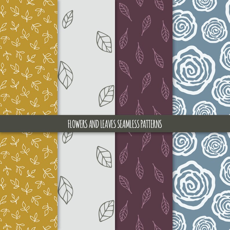 May include: Four seamless patterns featuring floral and leaf designs. The patterns are in shades of yellow, white, gray, blue, and purple.