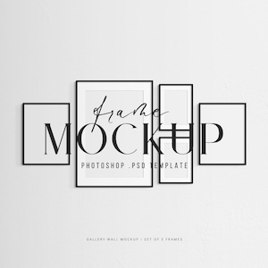 Gallery Wall Mockup | Frame Mockup Set of 5 Thin Frames | Black | Modern, Minimalist Wall Art Frame Mockup | PSD Template
