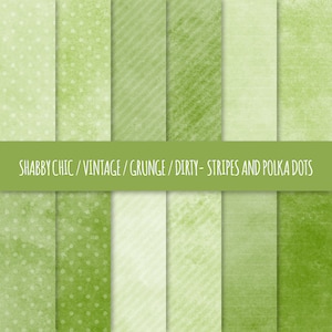 Vintage Grunge Digital Paper: Polka Dots and Stripes Patterns ~ Green Scrapbook Digital Paper ~ Shabby Chic, Dirty Watercolor Backgrounds