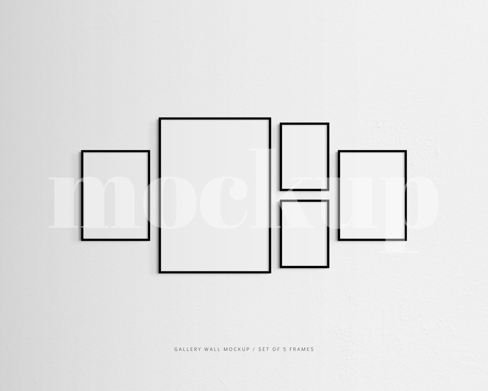 Gallery Wall Mockup Set of 5 Thin Frames Black Modern, Minimalist Wall