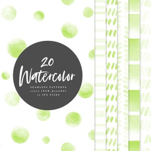 20 Seamless Watercolor Patterns, Green Watercolor Patterns on White Background, Watercolor Texture Backgrounds, Watercolor Digital Paper