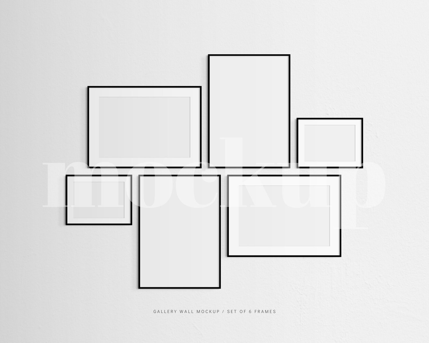 Gallery Wall Mockup Set of 6 Thin Frames Black Modern, Minimalist Wall