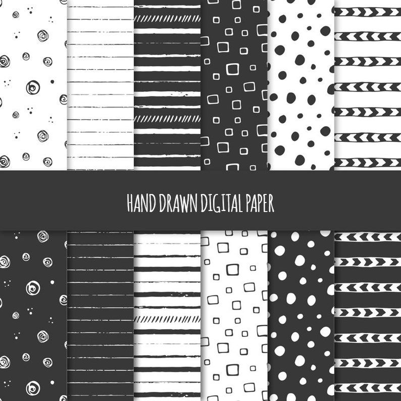 Abstract Doodles; Seamless Patterns; Printable Scrapbook Paper; Web /& Print Background; Black and White Hand Drawn Digital Paper Geometric
