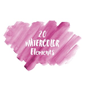 20 Pink Watercolor Splotches, Splatters and Brush Strokes; Pink Watercolor Clip Art, Transparent Background PNG; Watercolor Design Elements