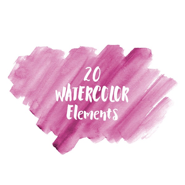 20 taches d’aquarelle rose, éclaboussures et coups de pinceau; Image clipart à l’aquarelle rose, fond transparent PNG; Éléments de conception d’aquarelle