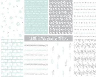 Hand Drawn Mint & Gray Digital Paper: Geometric, Tribal (Digital Download)