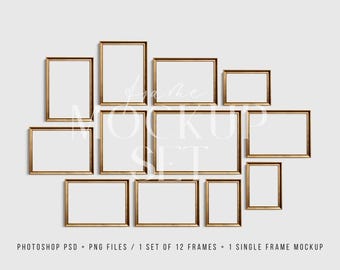 Mockup voor muur met gouden lijst: PSD- en png-sjabloon (digitale download)