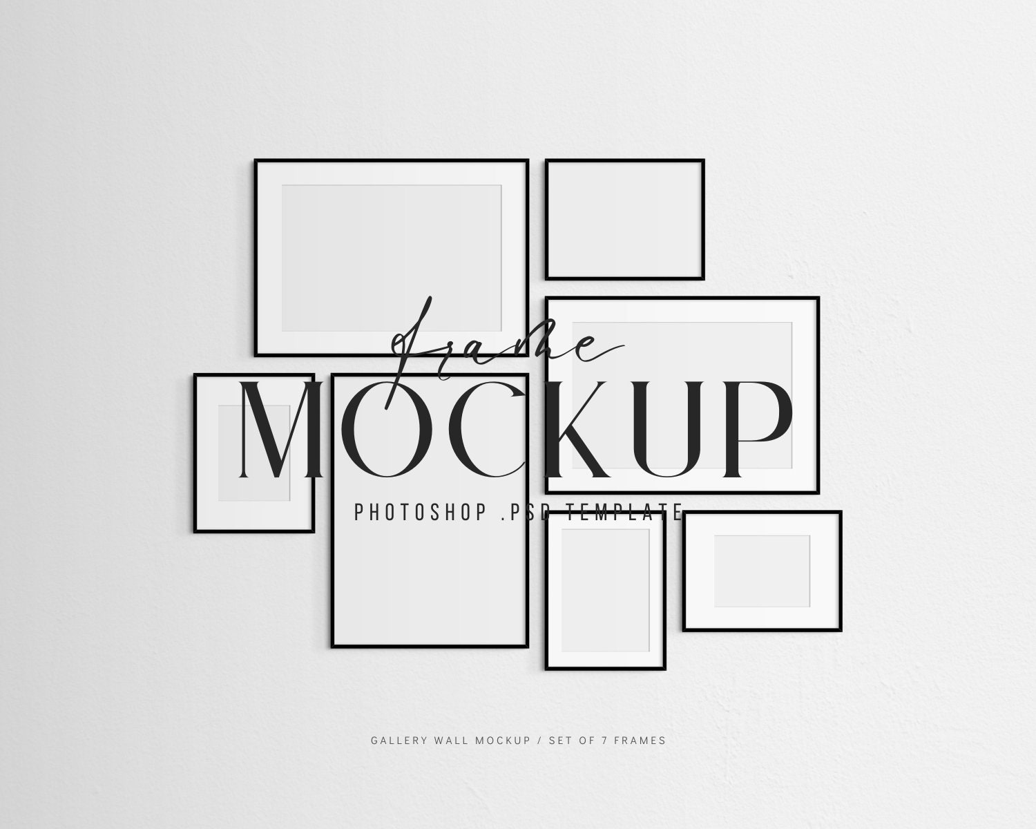 Gallery Wall Mockup | Frame Mockup Set of 7 Thin Frames | Black | Modern, Minimalist Wall Art Frame Mockup | PSD Template