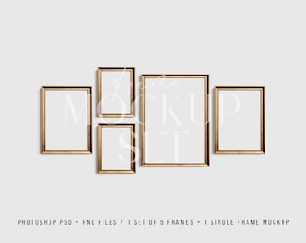 Vintage Gallery-muurmodel: 6 metallic gouden verticale lijsten, A4, PSD-sjabloon + png (digitale download)