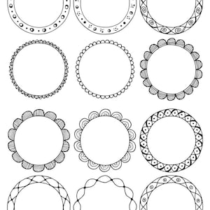 36 Hand Drawn Decorative Round Frames, Circle Borders: Floral, Boho, Tribal, Abstract Doodle; Waves, Leaves, Flowers; Digital Frames Clipart