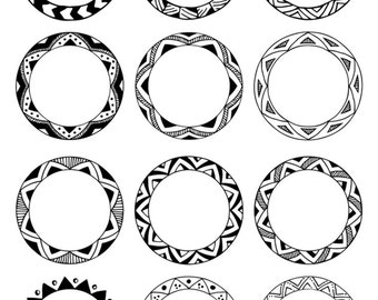 Hand Drawn Circle Frames, Tribal Boho Borders (Digital Frames Clipart)