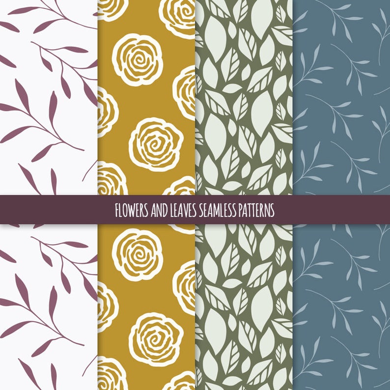 Puede incluir: Cuatro patrones sin costuras con dise&ntilde;os florales y de hojas. Los patrones son en blanco sobre un fondo amarillo, verde y azul. El texto "Flowers and Leaves Seamless Patterns" est&aacute; en la parte superior de la imagen.