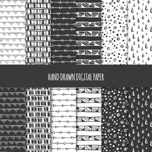Hand Drawn Digital Paper: Tribal, Geometric, Doodles; Seamless Patterns; Printable Scrapbook Paper; Web & Print Background; Black and White