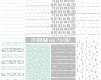 Hand Drawn Digital Paper: Tribal, Geometric, Doodles; Seamless Patterns; Printable Scrapbook Paper; Web & Print Background; Mint and Gray