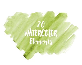 20 Green Watercolor Splotches, Splatters, Brush Strokes; Green Watercolor Clip Art, Transparent Background PNG; Watercolor Design Elements