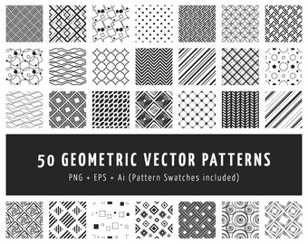 50 motifs géométriques sans couture ; Motifs vectoriels géométriques : vagues, pois, cercles ; PNG + EPS + Ai (nuanciers) ; Téléchargement instantané